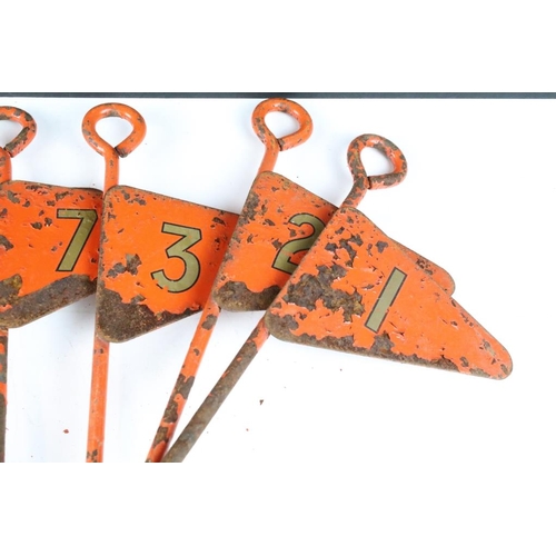 177 - Twelve Vintage Orange Enamelled Metal Golf Hole Flags / Markers, each 40cm long