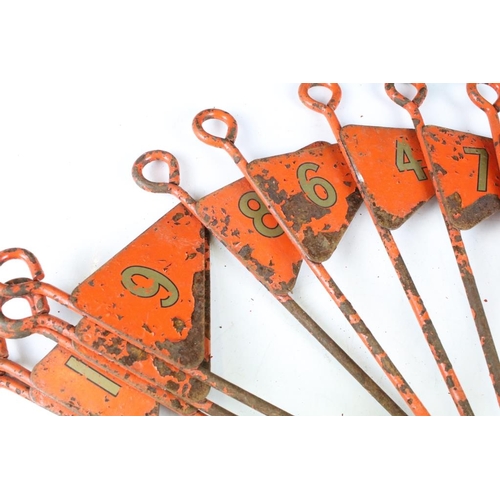 177 - Twelve Vintage Orange Enamelled Metal Golf Hole Flags / Markers, each 40cm long