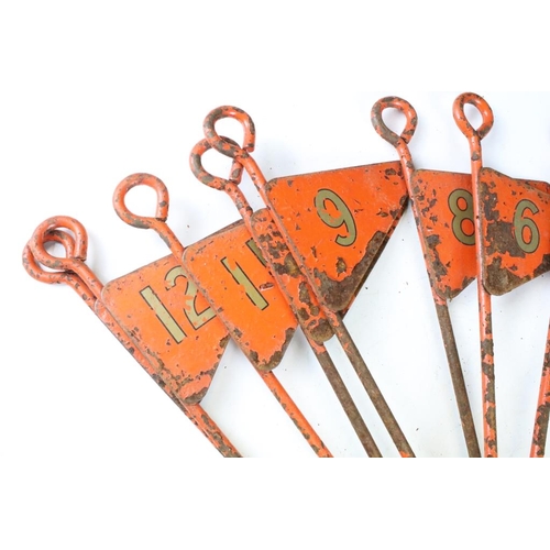 177 - Twelve Vintage Orange Enamelled Metal Golf Hole Flags / Markers, each 40cm long