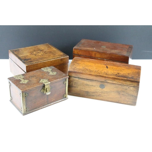 179 - Four early 20th century wooden boxes / tea caddies to include a mahogany tea caddy (20cm wide), rose... 