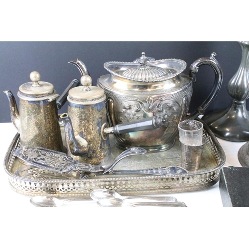 330 - Collection of silver plate to include a pair of pewter candle sticks, two chocolate pots, tray, teas... 