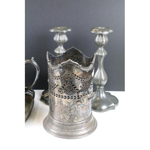 330 - Collection of silver plate to include a pair of pewter candle sticks, two chocolate pots, tray, teas... 