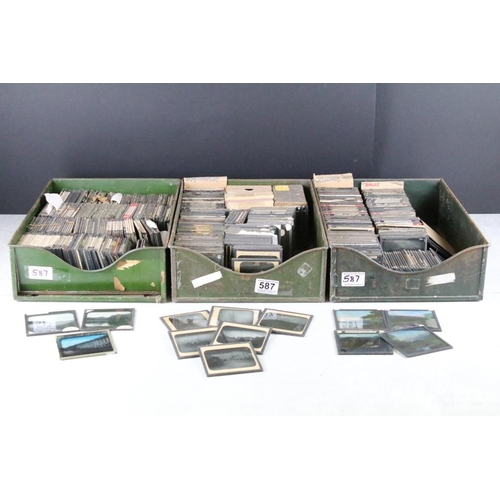 587 - Three boxes of magic lantern slides to include topographical; St Lucia, Turkey, USA and Canada (most... 