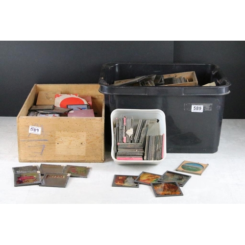 589 - Collection of magic lantern slides across two large boxes, subjects to include topographical; Britis... 