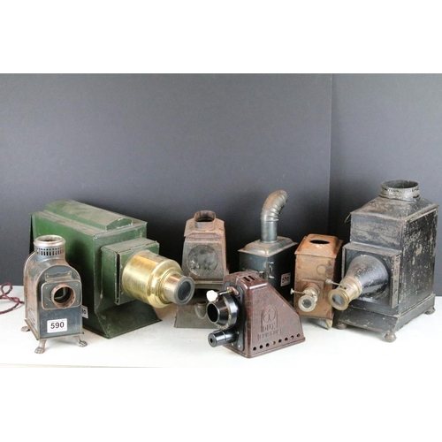 590 - Seven 19th Century Victorian tin plate and brass magic lantern slide projectors to include ' Boys Ow... 