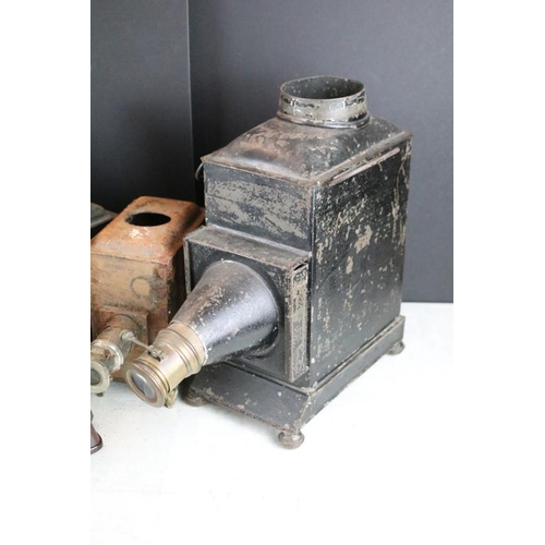 590 - Seven 19th Century Victorian tin plate and brass magic lantern slide projectors to include ' Boys Ow... 