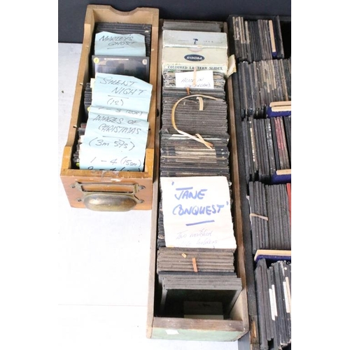 592 - A large collection of approx 200 x coloured glass magic lantern slides to include Alice in Wonderlan... 