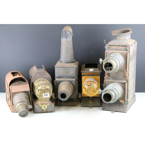 597 - A collection of five magic lantern slide projectors to include a Carpenter & Western Example.