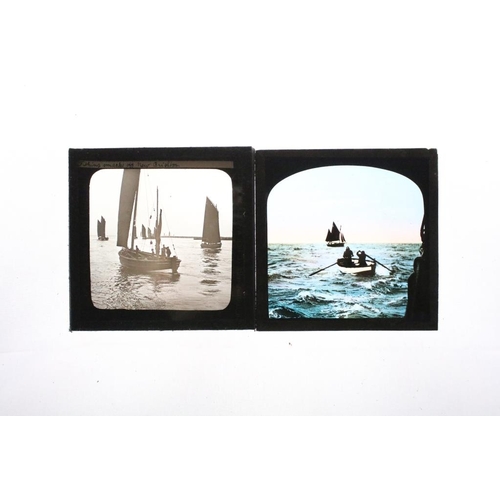 600 - A collection of over 100 magic lantern slides, mainly nautical to include sail boats, tall ships ...... 