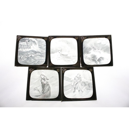 609 - Three small boxes of magic lantern slides to include portraits of Queen Victoria, the wreck of hespe... 