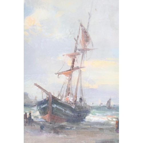 407 - Gilt framed Oil Painting of a beached sailboat with figures in a cove with cliffs beyond, 25cm x 35c... 