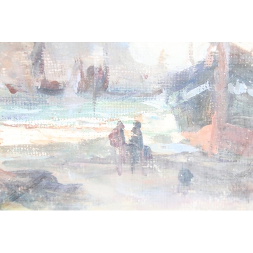 407 - Gilt framed Oil Painting of a beached sailboat with figures in a cove with cliffs beyond, 25cm x 35c... 