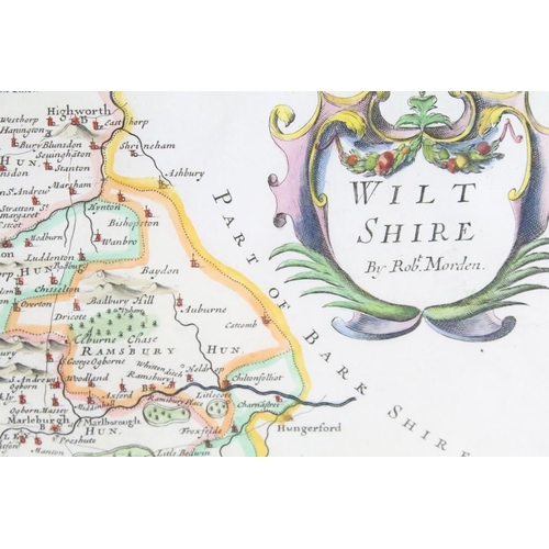 411 - Robert Morden, map of Wiltshire, hand-coloured engraved map, sold by Abel Swale, Awnfham & Iohn Chur... 