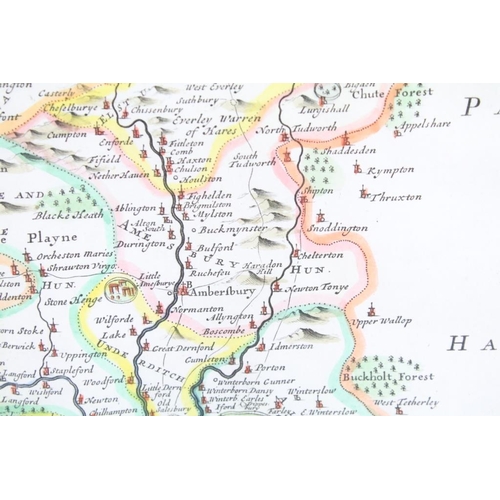 411 - Robert Morden, map of Wiltshire, hand-coloured engraved map, sold by Abel Swale, Awnfham & Iohn Chur... 