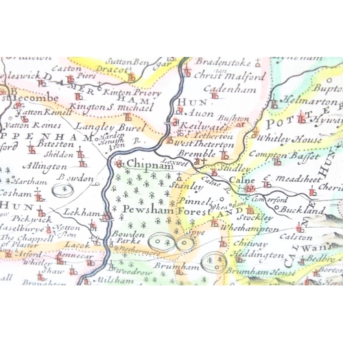 411 - Robert Morden, map of Wiltshire, hand-coloured engraved map, sold by Abel Swale, Awnfham & Iohn Chur... 