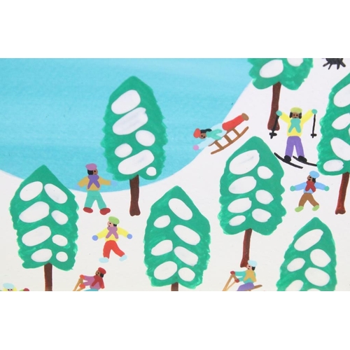 415 - Gordon Barker (b.1960), sledging and skiing, acrylic, signed lower right, 28.5 x 38.5cm, framed and ... 