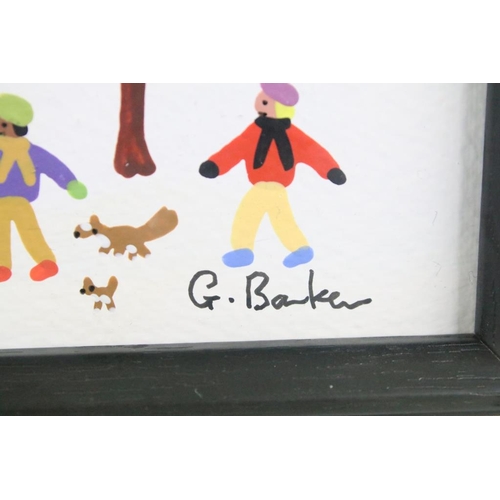 415 - Gordon Barker (b.1960), sledging and skiing, acrylic, signed lower right, 28.5 x 38.5cm, framed and ... 