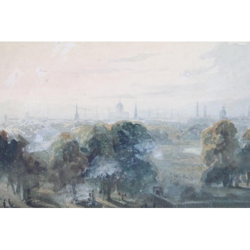 416 - 19th century, three framed watercolours to include a view of London, 11 x 26cm, cottage view with ca... 