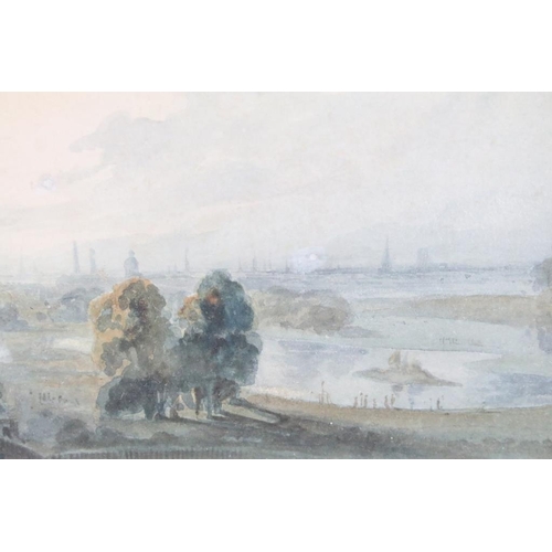 416 - 19th century, three framed watercolours to include a view of London, 11 x 26cm, cottage view with ca... 