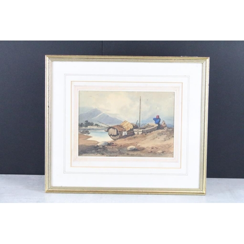 416 - 19th century, three framed watercolours to include a view of London, 11 x 26cm, cottage view with ca... 