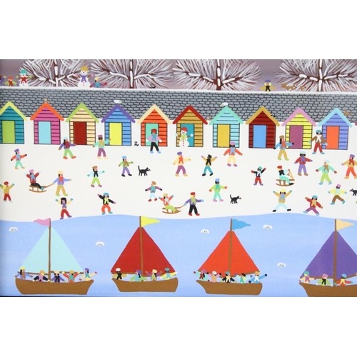 418 - Gordon Barker (b.1960), snowmen, beach huts and boats, acrylic, signed lower right, 28.5 x 38.5cm, f... 