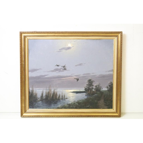 419 - G Van De Velda (a.k.a. Gien Brouwer, Dutch), ducks in flight, by full moon, oil on canvas, signed, 4... 