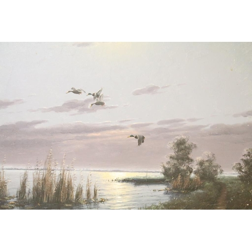 419 - G Van De Velda (a.k.a. Gien Brouwer, Dutch), ducks in flight, by full moon, oil on canvas, signed, 4... 