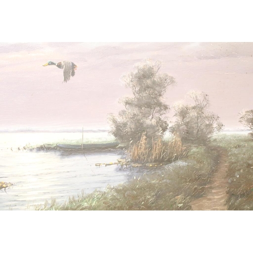 419 - G Van De Velda (a.k.a. Gien Brouwer, Dutch), ducks in flight, by full moon, oil on canvas, signed, 4... 