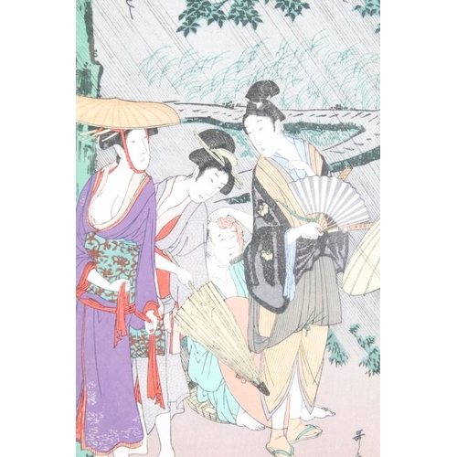 421 - Kitagawa Utamaro (1753-1806) Two Framed Japanese Woodblocks of people trying to shelter during a dow... 