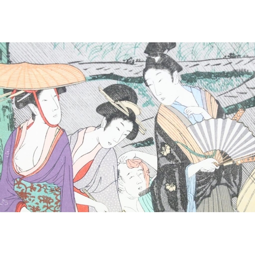 421 - Kitagawa Utamaro (1753-1806) Two Framed Japanese Woodblocks of people trying to shelter during a dow... 