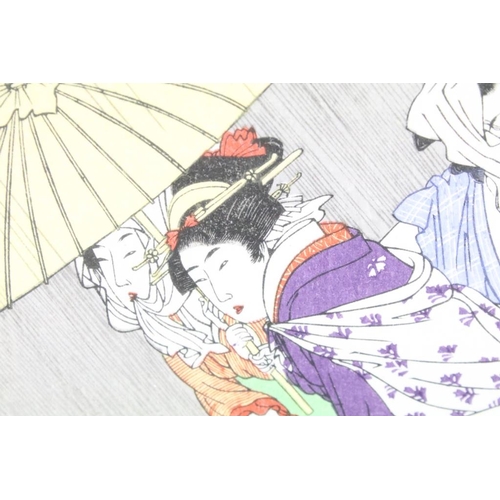 421 - Kitagawa Utamaro (1753-1806) Two Framed Japanese Woodblocks of people trying to shelter during a dow... 