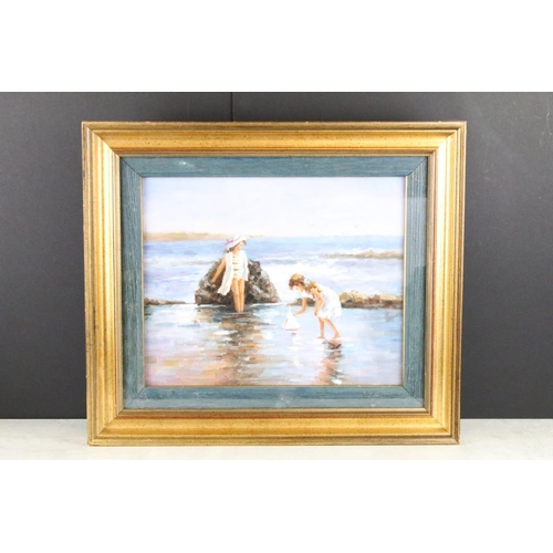 422 - Framed Impressionist Oil Painting of Children at the Seaside playing with toy sailboat, 31 x 39.5cm