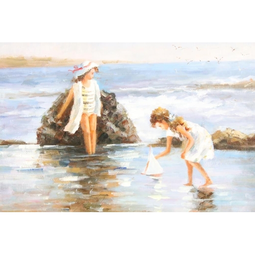 422 - Framed Impressionist Oil Painting of Children at the Seaside playing with toy sailboat, 31 x 39.5cm