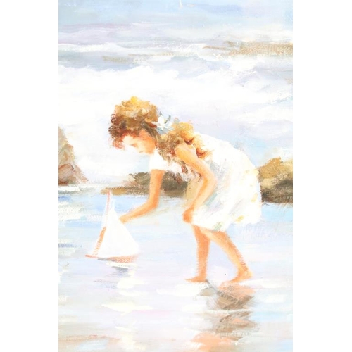 422 - Framed Impressionist Oil Painting of Children at the Seaside playing with toy sailboat, 31 x 39.5cm