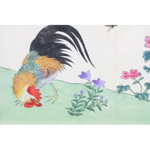 428 - Gokusaishikiki Kacho Zuhiki (b.1846), Japanese signed woodblock of a rooster and butterfly amongst b... 