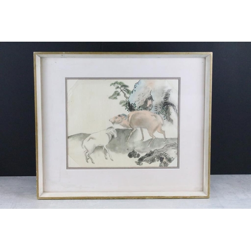 429 - Chinese School, framed woodblock / watercolour study of mountain goats in a landscape, 26cm x 32.5cm... 