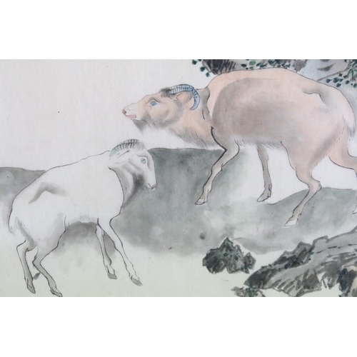 429 - Chinese School, framed woodblock / watercolour study of mountain goats in a landscape, 26cm x 32.5cm... 