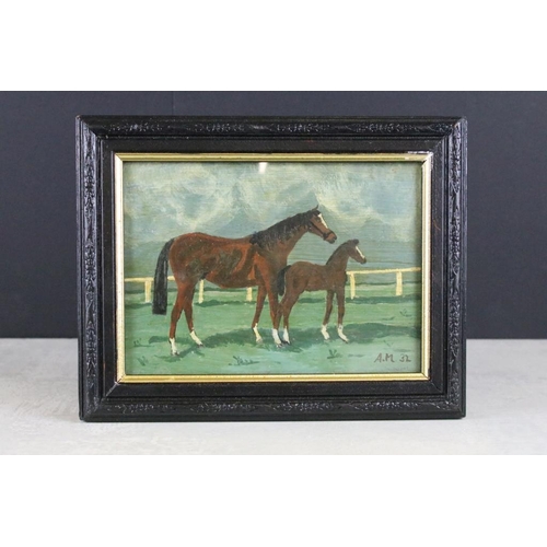 432 - Oil Painting of Mare and Foal, 13.5 x 18.5cm