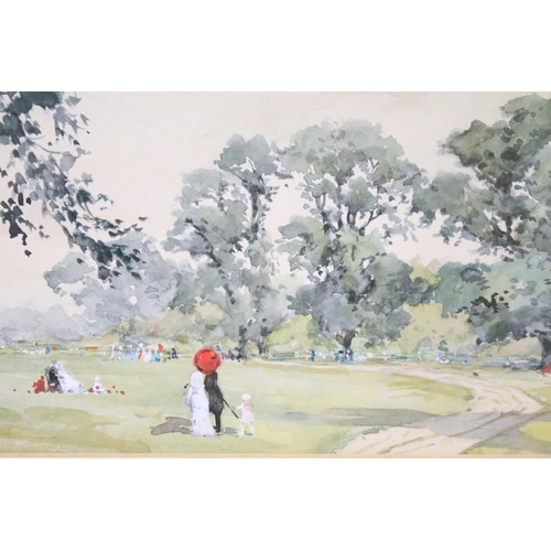 434 - Meyer, figures in the park, watercolour, indistinctly signed lower right, possibly G. J Meyer, indis... 