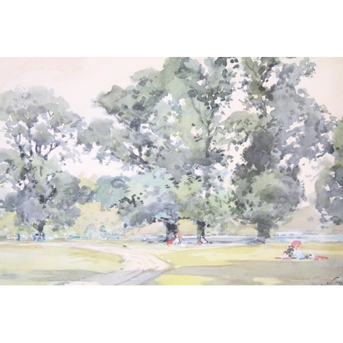 434 - Meyer, figures in the park, watercolour, indistinctly signed lower right, possibly G. J Meyer, indis... 