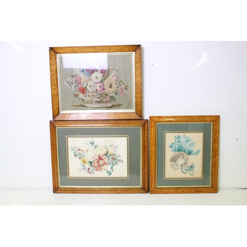 435 - Needlework picture, flowers in a basket, 29 x 39cm, bird's eye maple frame, English School, spray of... 