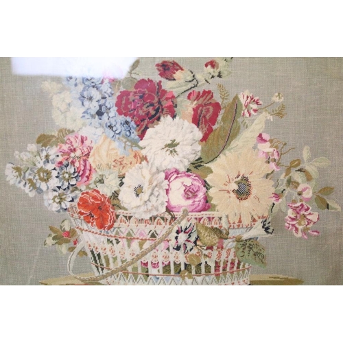 435 - Needlework picture, flowers in a basket, 29 x 39cm, bird's eye maple frame, English School, spray of... 