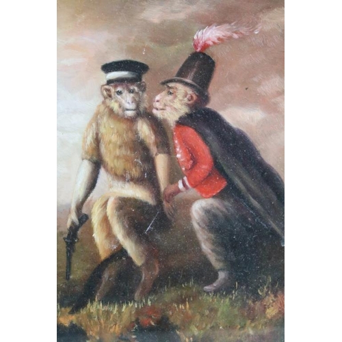 437 - Satirical study of two Monkeys in military costume in a landscape, oil on board, 24cm x 16.5cm, fram... 