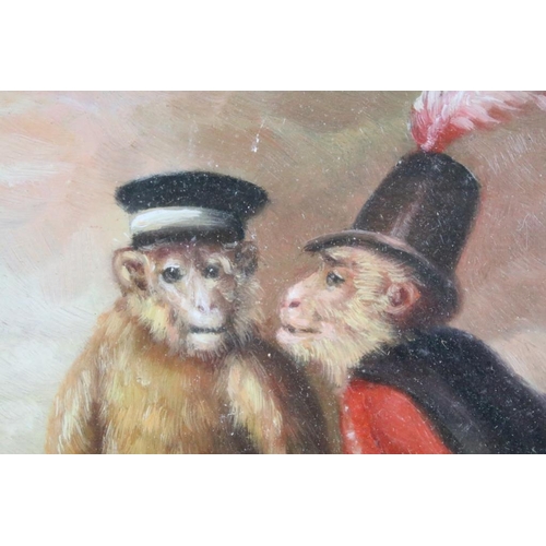 437 - Satirical study of two Monkeys in military costume in a landscape, oil on board, 24cm x 16.5cm, fram... 