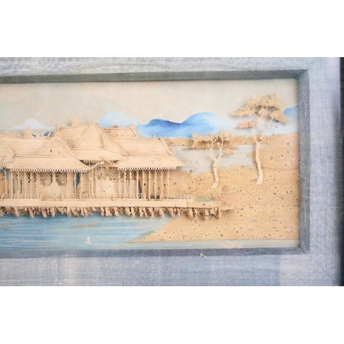 438 - Early 20th century, Chinese landscape scene with pagoda, moulded in relief against a backdrop painte... 