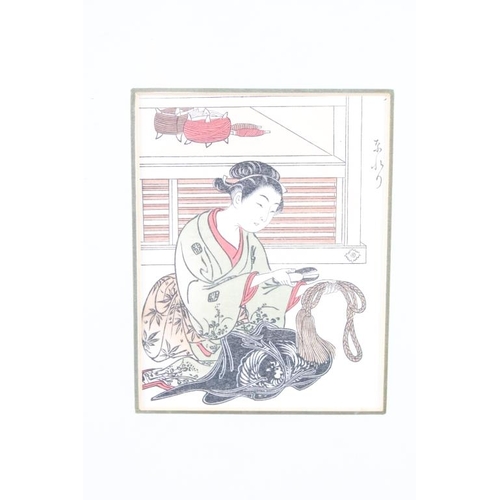 442 - Tachibana Minko, pair of Japanese woodblock portraits of women artisans, framed as one, 12.5cm x 9.5... 