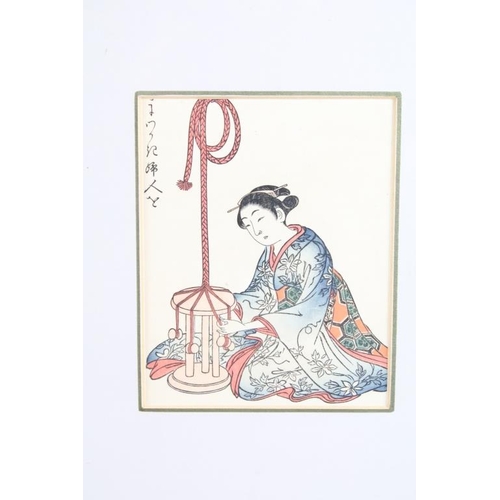 442 - Tachibana Minko, pair of Japanese woodblock portraits of women artisans, framed as one, 12.5cm x 9.5... 