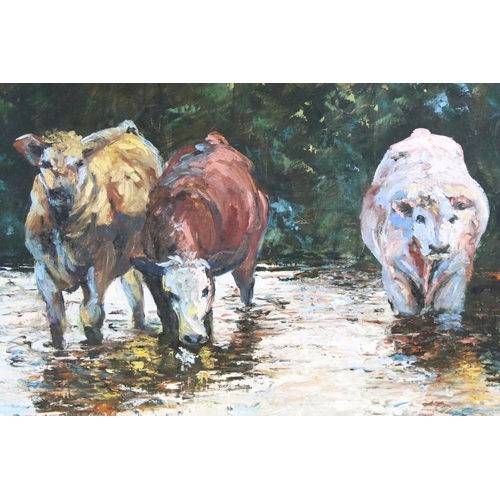 448 - Denise Manning, ' Cattle Drinking' oil on canvas, signed lower left, title label verso, 44 x 59.5cm,... 