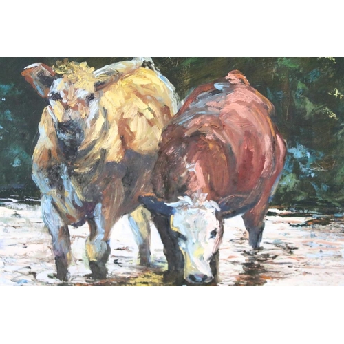 448 - Denise Manning, ' Cattle Drinking' oil on canvas, signed lower left, title label verso, 44 x 59.5cm,... 