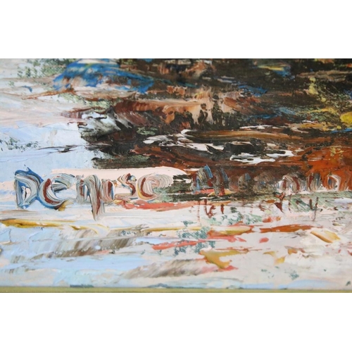 448 - Denise Manning, ' Cattle Drinking' oil on canvas, signed lower left, title label verso, 44 x 59.5cm,... 